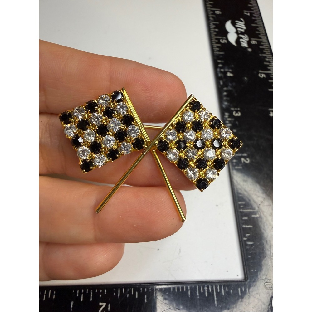 Vintage Crossed Checkered Racing Flags Brooch Gold Tone Black Clear Rhinestone